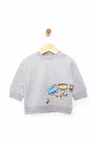 سويت شيرت أطفال أولاد HelloBaby بفرو شاردونيه، بأزرار فشار، ياقة دائرية، كم طويل، بلون رمادي غامق ممزوج