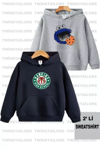 Sweat à capuche enfant unisexe à deux pièces avec imprimé Cookie Monster, bleu marine-gris