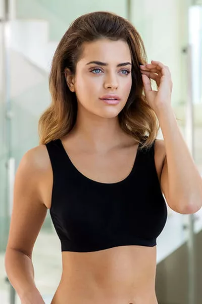 Soutien-gorge de sport pour femme en jersey noir, bretelles larges croisées, rembourré 