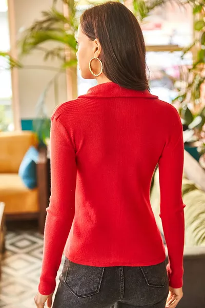 Women's Red Polo Collar Fleece Ribbed Blouse 