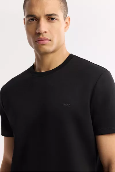 Мъжка черна тениска с велосипедна яка, Bi-Stretch, с принт, Regular Fit 