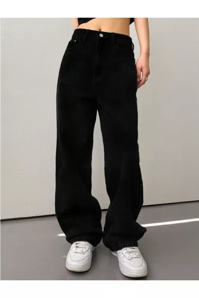 Jean palazzo noir taille haute pour femme, pantalon en denim ample noir