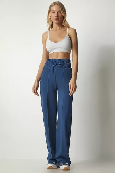 المرأة الأزرق الداكن جيوب الأساسية محبوك بنطال رياضي 