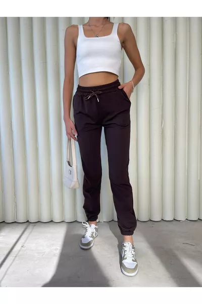 Дамски гащеризон от плат за гмуркане, зимен поларен, джогър с висока талия и джобове, кафяв