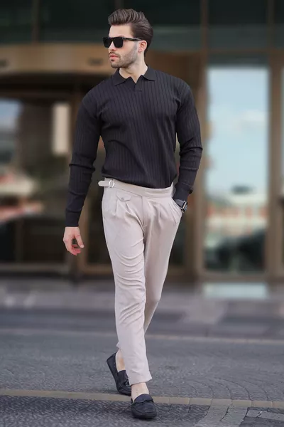 Zwarte Polo Hals Gestreepte Lange Mouwen Trui 