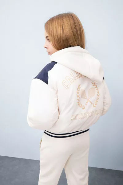 Girls' Waterproof Puffer Bomber Jacket with Hood, College Collar, Embroidered, with Pockets SP