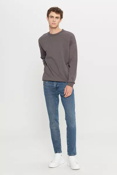 Men's Dark Gray Oversized Loose Fit Cotton Fleece-Lined 3-Ply Crew Neck Sweatshirt