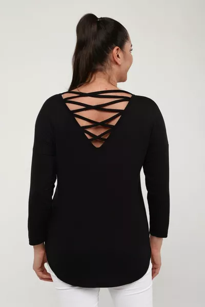 Back KNit Piped Side Slit Long Sleeve Blouse