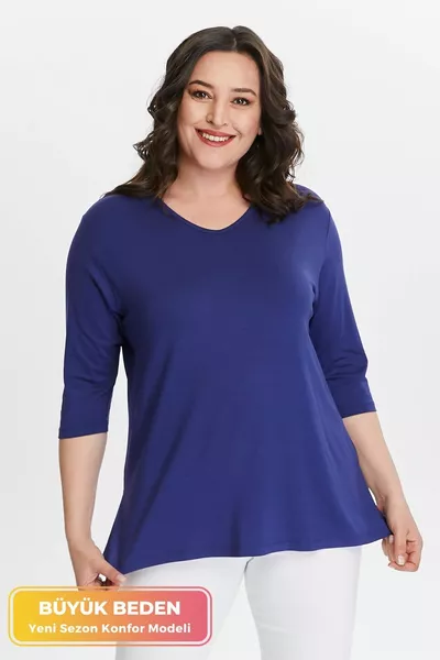 Plus Size New Season Side Slit Comfort Model Half Sleeve Comfortable Mother Cotton Tunic Blouse