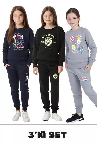 3-Piece Fantastic-Wild-Cool Printed Girls' Round Neck Double Pocket Black-Navy-Grey Tracksuit Set