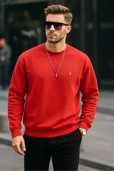 Red Color Basic Crew Neck Relaxed Regular Men's Sweatshirt