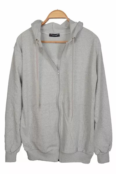 سويت شيرت رقيق رمادي أساسي للجنسين بأكمام طويلة، بقبعة وجيوب وسحّاب