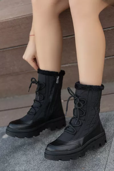 Zwart Veterleer Antislipzool voor dames Wollen parachute Stof Laarzen Platte zool Bootie