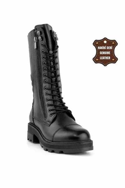  أحذية عسكرية جلدية نسائية أصلية أسود