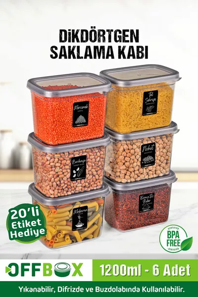 6 stuks  stuks 1,2 liter rechthoekige food peulvruchten opslagcontainer set met  etiketten cadeau