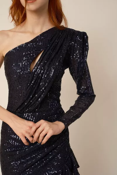 Navy Blue Sequined One Shoulder Dress