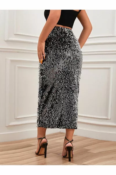 Women's Silver Sequined Sequined Pencil Skirt