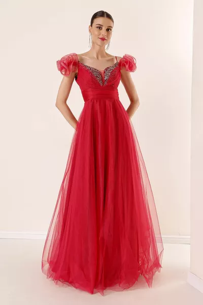 Front Back V-neck Rope Strap Low Sleeve Front Stone Detailed Lined Long Tulle Dress Red