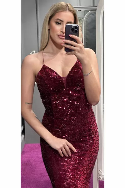 Donna Lungo Spalline Spalline Scollato Indietro Paillettes Stretto Abito Da Sera Cherry 