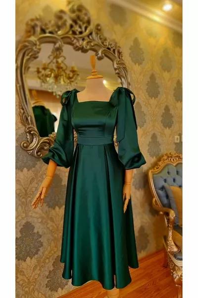 Grüner Satin, Schulterschleife, Midi-Länge, Versprechen Verlobungs-Abschlusskleid