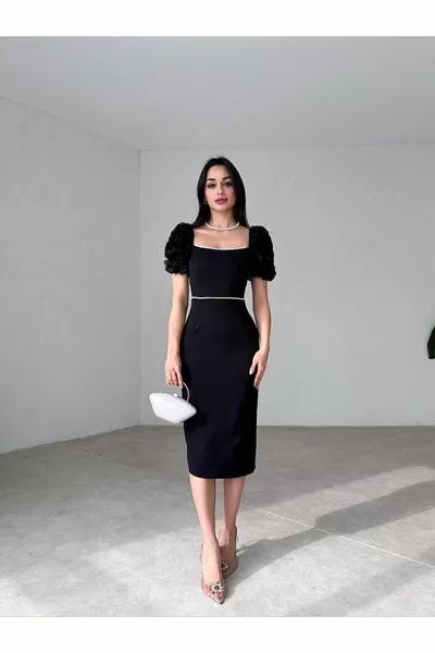 أسود كشكش الأكمام اللؤلؤ مفصلة شق أنيق أنيق ميدي اللباس