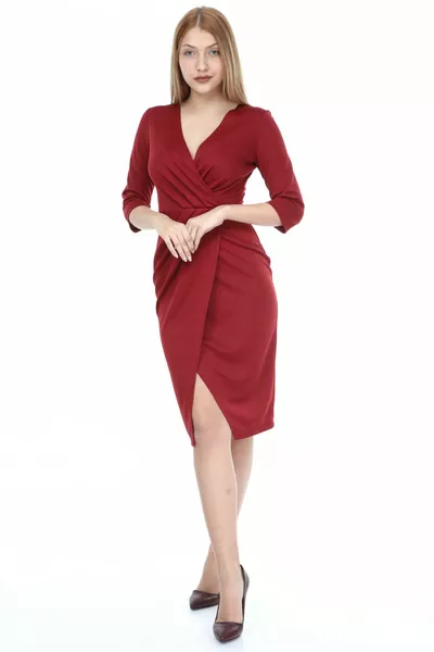 Burgunderfarbenes zweireihiges Kleid aus plissiertem Mila-Stoff für Damen