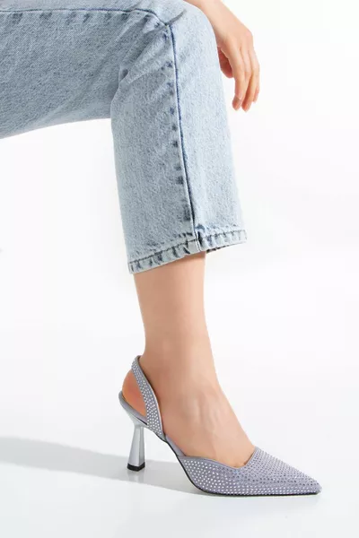 الفضة الساتان الحجر وأشار اصبع القدم المرأة أحذية السهرة الكعب