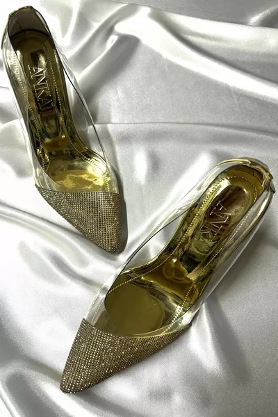 Lady Transparent Gold Gold Crystal Stone 8 Cm Transparent Goblet Heels Wedding Engagement Evening Dress Shoes