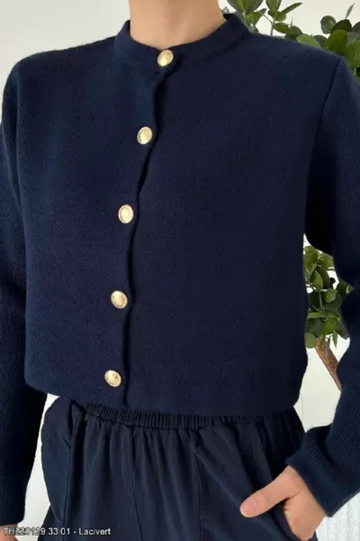 المرأة طاقم الرقبة الذهب زر مفصلة تريكو كارديجان