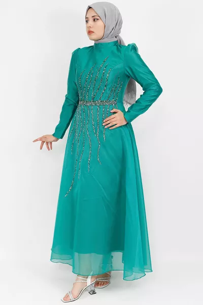 Тюль Ткань Спереди Камень Детализированный Хиджаб Вечернее Платье