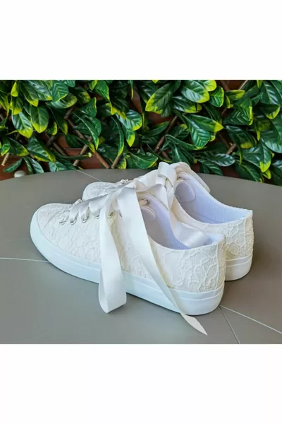 Brautschuhe Elfenbein Sport Satin Spitze Über Spitze Extrem Bequemes Satinband