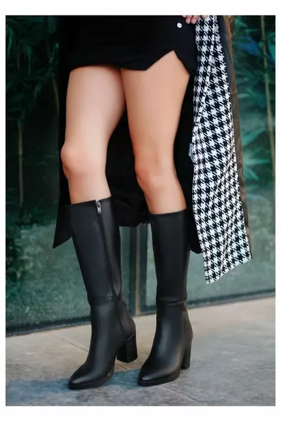 Zwarte Hoge Hakken Leather Look Lange Dames Laarzen