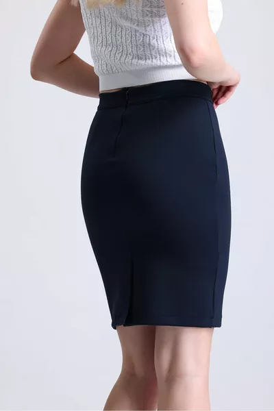 Navy Blue Knitted Pencil Skirt with Slit at the Back