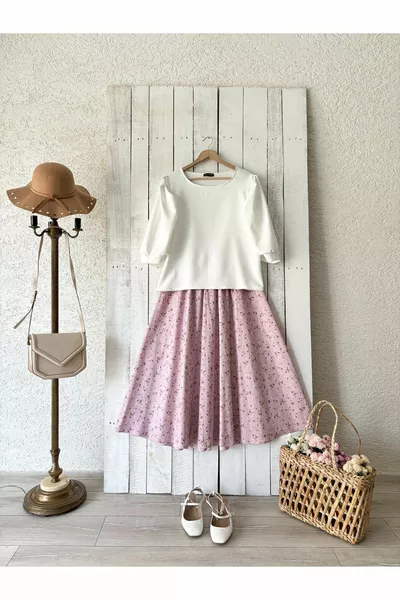 Pink Floral Flared Poplin Skirt