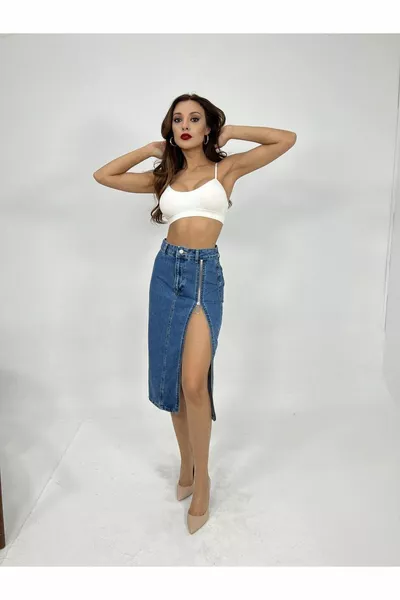 Dames Zijrits Split Gedetailleerde Lange Denim Rok Blauw