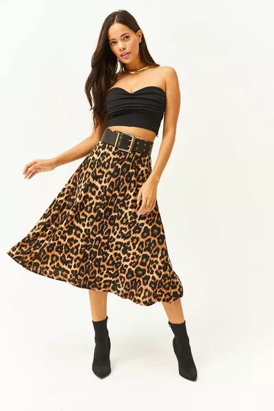 Women's Beige Leopard Waist Elasticated Suede Textured Bell Skirt 