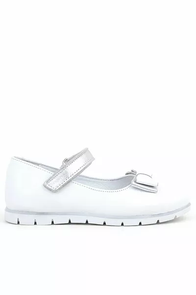 Ballerines en cuir véritable blanc argent Bow Velcro pour filles
