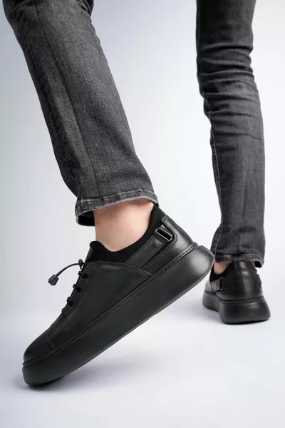  Baskets élastiques en cuir véritable noir pour hommes
