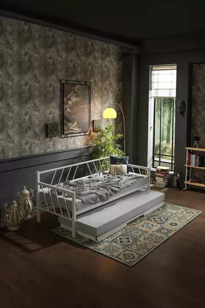 Glory Yavrulu Daybed Single-Double Bed Metal Frame Mattress Set White
