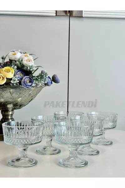 Стъклен съд за сладолед с краче и купа Magnolia, комплект от 6 броя, стъклена купа за ядки, комплект за сервиране, 6 броя сладоледници Elusia