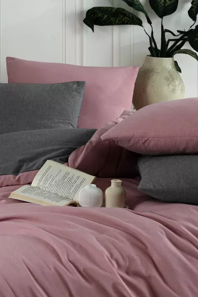 Double Duvet Cover Set with Fitted Sheet | Plum Anthracite |