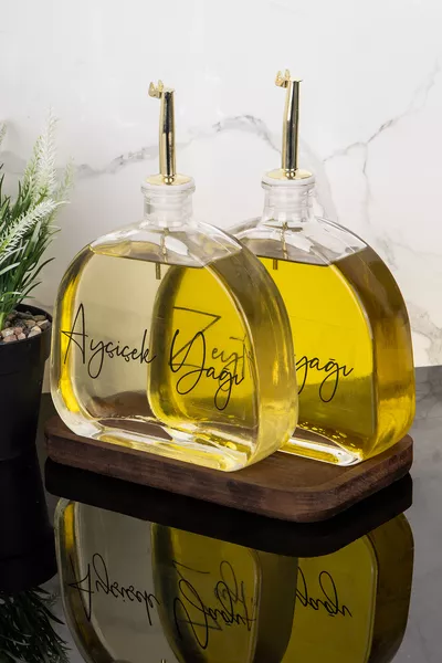 Set de 2 huiliers de luxe avec support en bois, bouchon doré, en verre pour huile d'olive, huile de tournesol, sauce et vinaigre