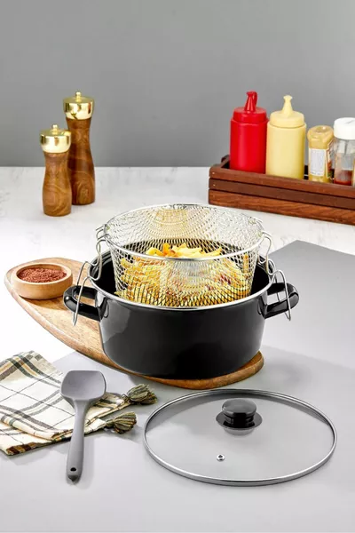 طنجرة قلي بمقبض زجاجي مطلي بالمينا –  سم، طهي صحي وآمن