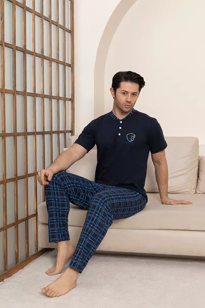 Men's Navy Checkered Cotton Short Sleeve Pajama Set