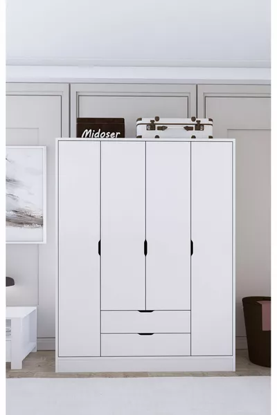 Cm Mat Wit 4-Deurs 2-Laden Kledingkast - Garderobekast