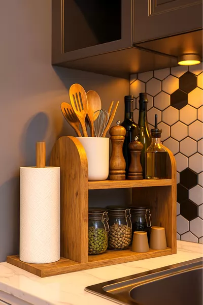 Kitchen Shelf with Paper Towel Holder – Countertop Organizer and Napkin Holder