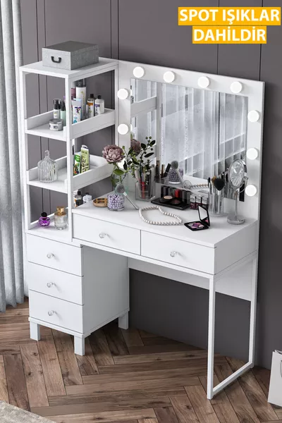 Rani Tocador de Maquillaje con Espejo Iluminado Estilo Hollywood con 5 Cajones y Estante Organizador de Joyas Blanco