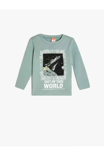 Space-Themed Long Sleeve Cotton T-Shirt with Crew Neck