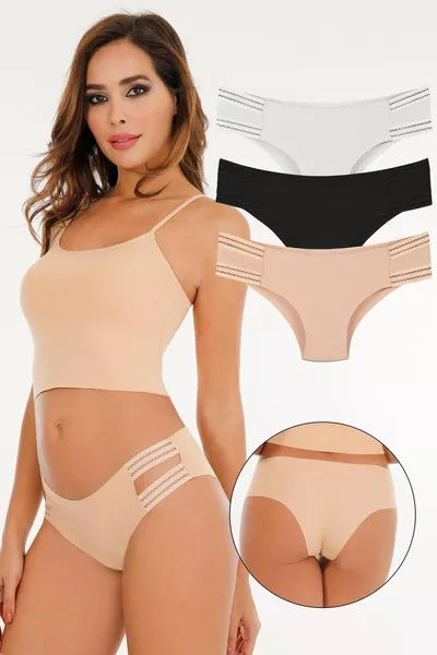 سروال داخلي نسائي بدون خياطة بقطع بالليزر، طقم 3 قطع -  (مقاس واسع)