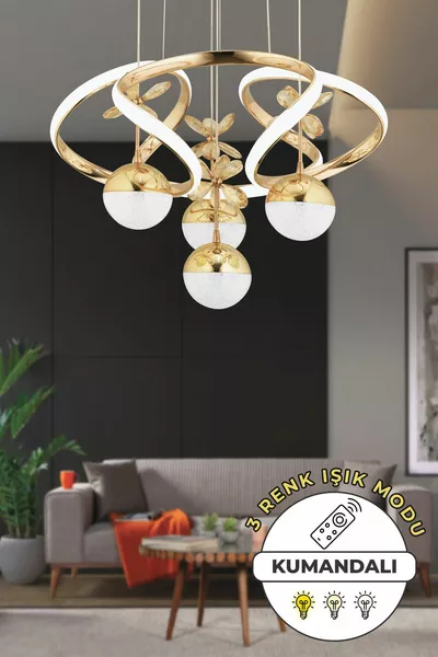 ثريا مودرن ذهبية مطلية بإضاءة LED بثلاث ألوان مع جهاز تحكم عن بعد لغرفة المعيشة